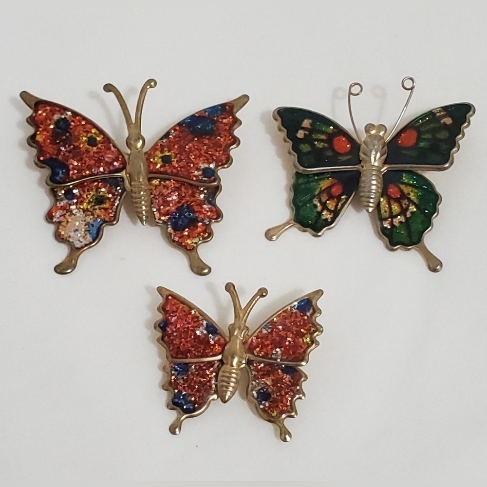 Set of Three Vintage Gold Tone Pink Green Enamel Butterfly Brooches
